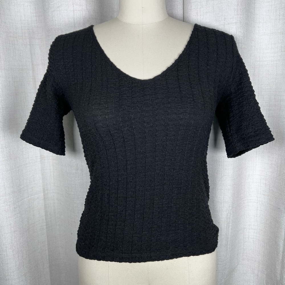 Vince Smocked Elbow Sleeve Textured Knit Top V Neck Black Women's Small Basic
